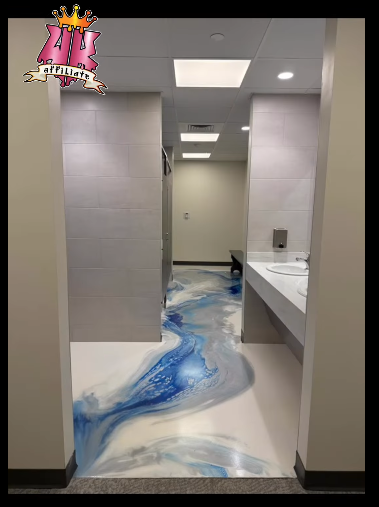 Blue and white metallic epoxy floor in a commercial restroom